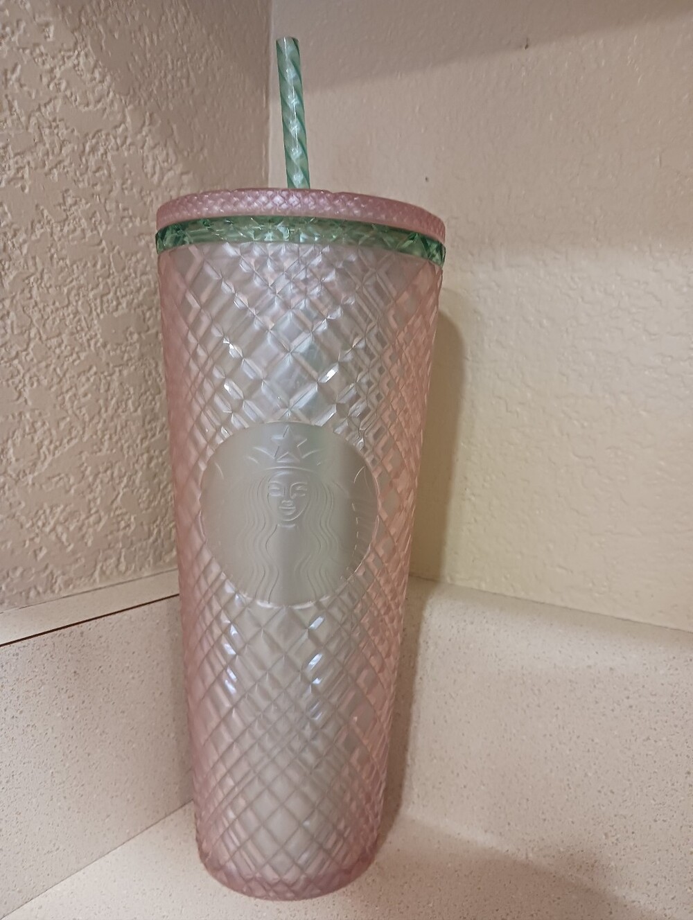Starbucks Pearl Pink Textured Tumbler with Green Accent Lid and Straw